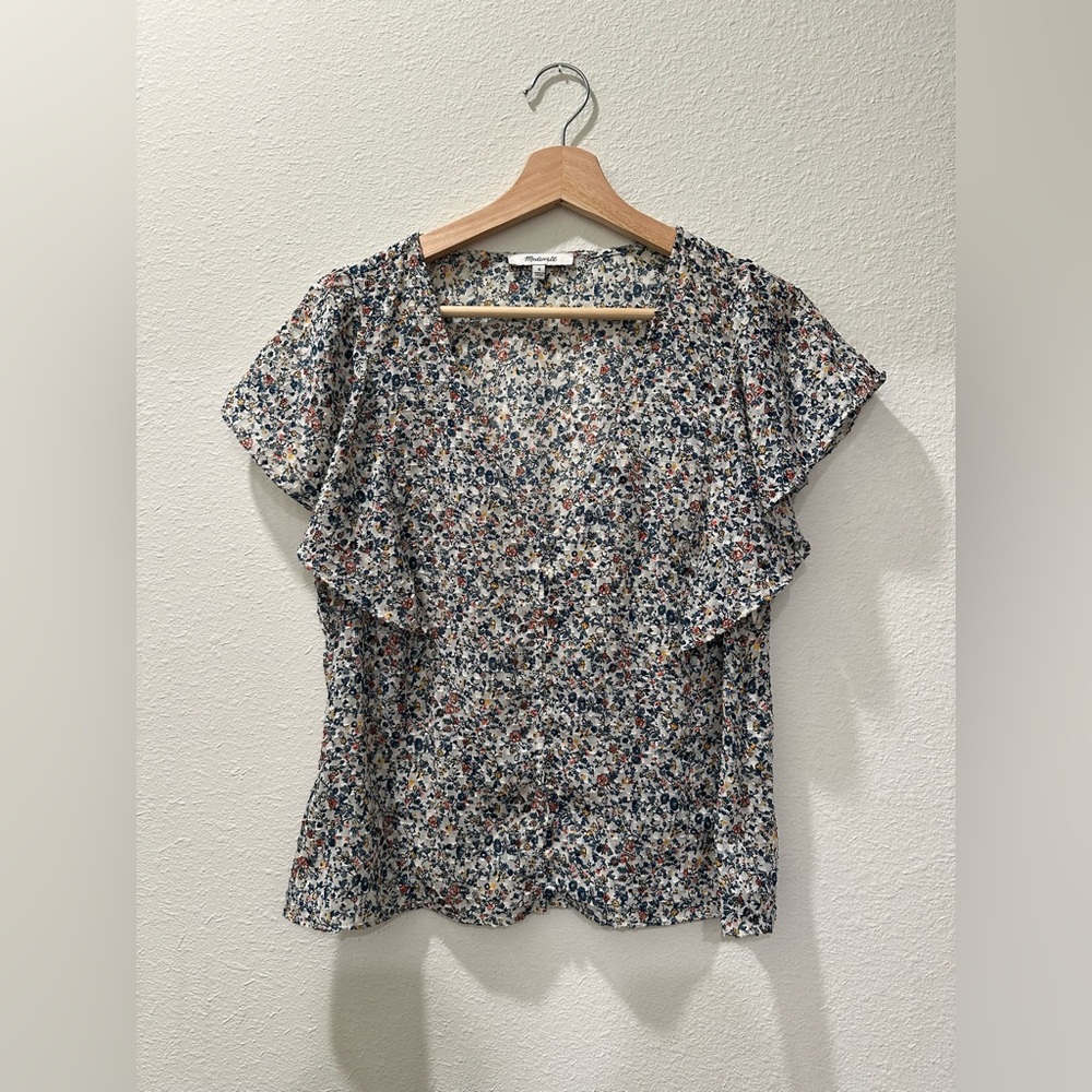 Madewell Floral Ruffle Short-Sleeve Blouse in Navy, Rust, Cream